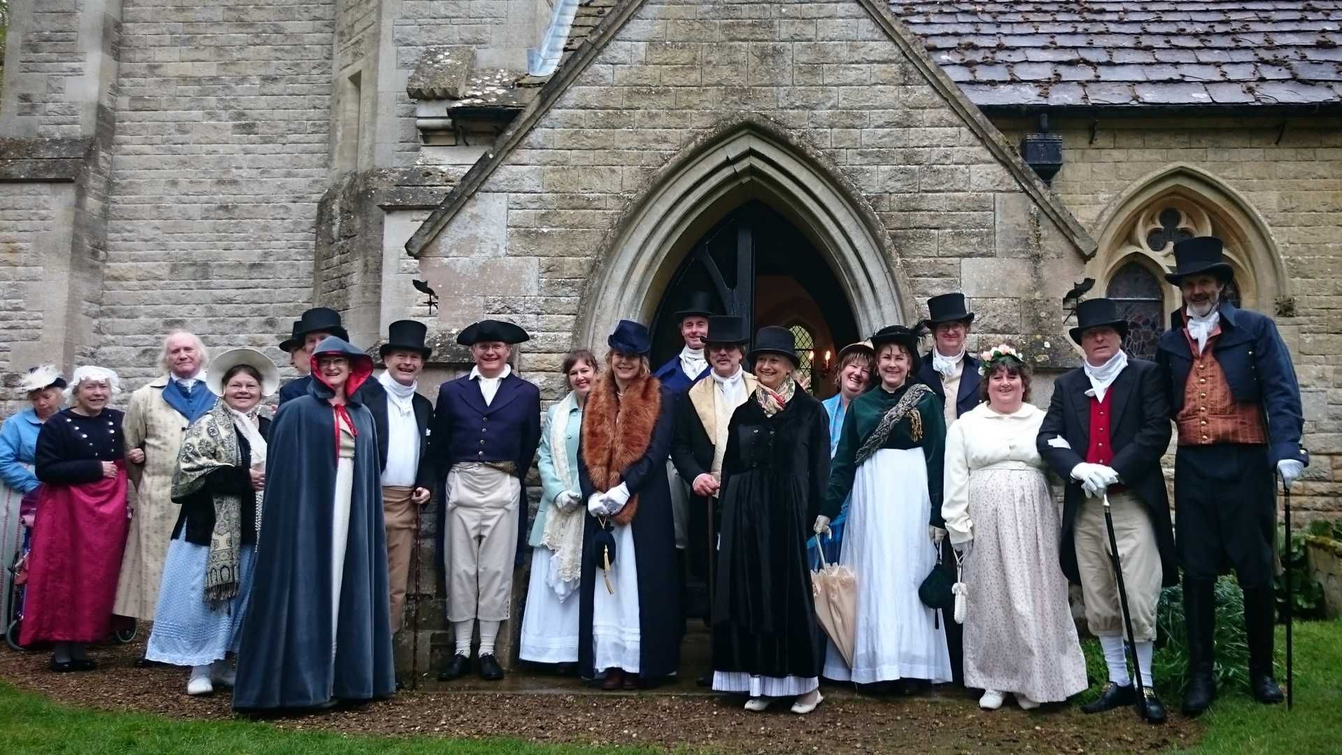 Lincolnshire Regency Society members pictured in period costume outside Gunby Church